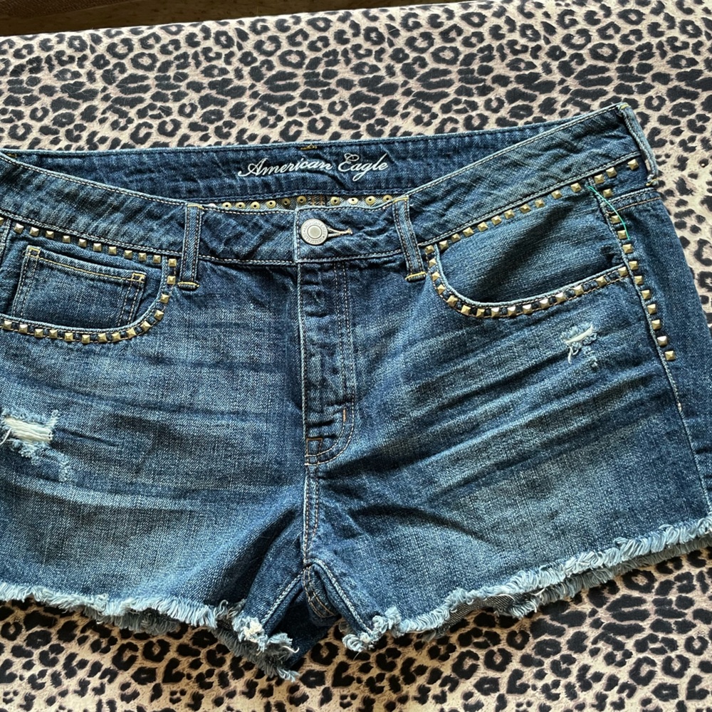 American Eagle Outfitters Distressed Dark Blue Denim Shorts with Stud Details